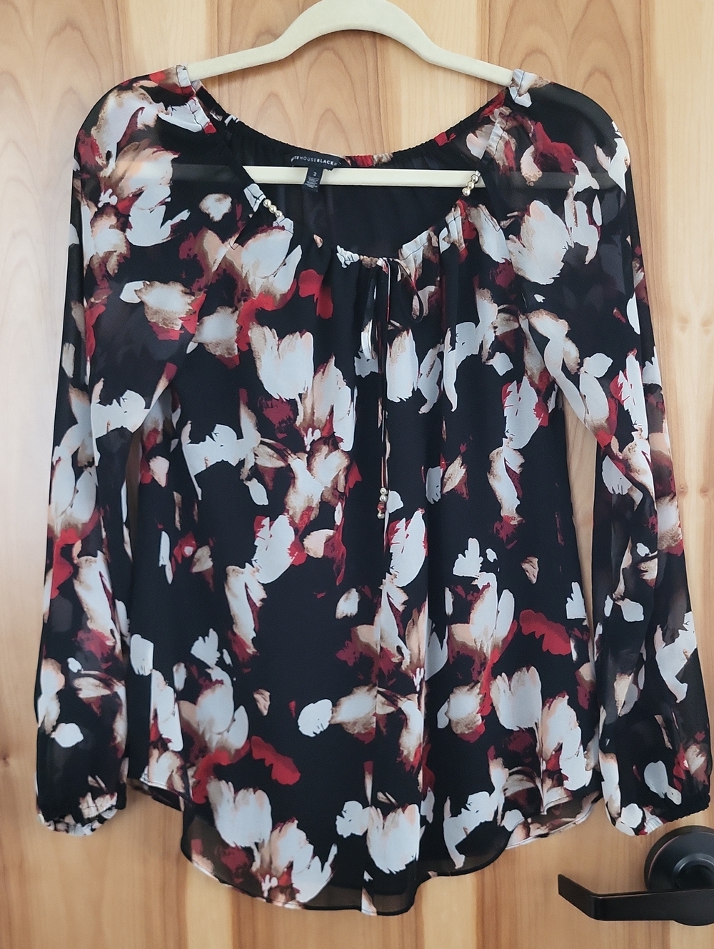 White House Black Market Black Floral Tie-Neck Blouse with White & Red Accents